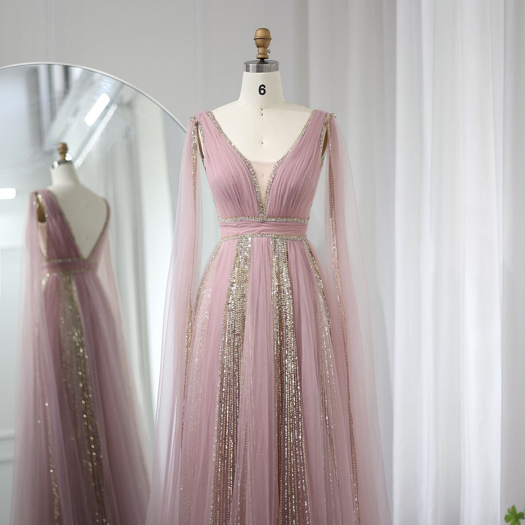 DreamyVow Luxury Arabic Women Pink Evening Dress with Cape Sleeves Elegant Sage Green Yellow Dubai Wedding Party Gowns 010