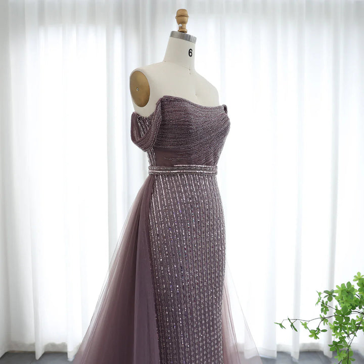 Dreamy Vow Luxury Beaded Arabic Purple Evening Dresses with Overskirt Off Shoulder Dubai Women Wedding Formal Party Gowns SS137-DreamyVow