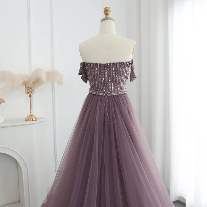 Dreamy Vow Luxury Beaded Arabic Purple Evening Dresses with Overskirt Off Shoulder Dubai Women Wedding Formal Party Gowns SS137-DreamyVow