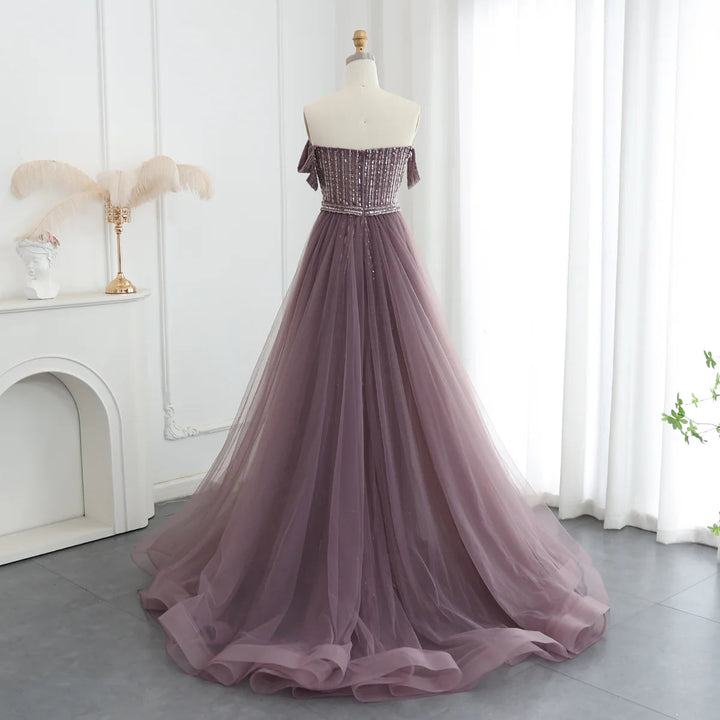 Dreamy Vow Luxury Beaded Arabic Purple Evening Dresses with Overskirt Off Shoulder Dubai Women Wedding Formal Party Gowns SS137-DreamyVow