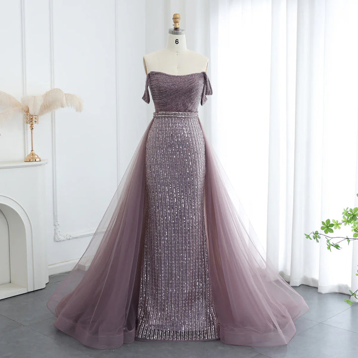 Dreamy Vow Luxury Beaded Arabic Purple Evening Dresses with Overskirt Off Shoulder Dubai Women Wedding Formal Party Gowns SS137-DreamyVow