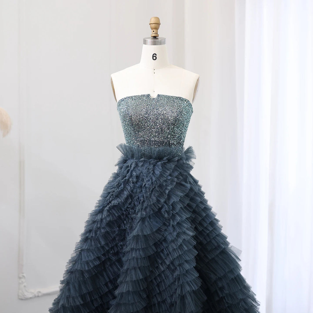 Dreamy Vow Luxury Beaded Blue Ball Gown Evening Dress 2024 Elegant Strapless Ruffles Sweet Girls Birthday Party Dresses SS503-DreamyVow