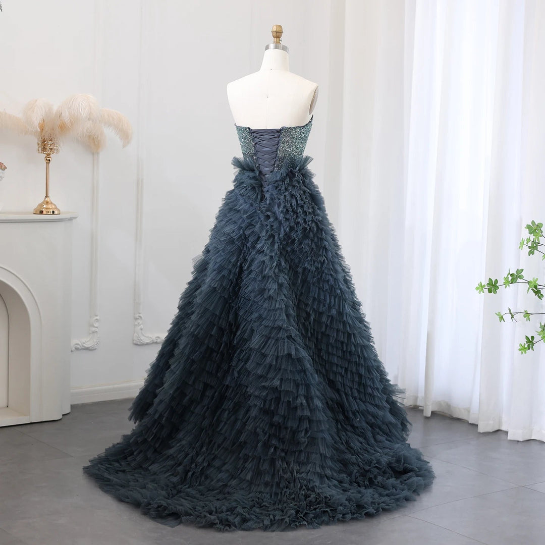 Dreamy Vow Luxury Beaded Blue Ball Gown Evening Dress 2024 Elegant Strapless Ruffles Sweet Girls Birthday Party Dresses SS503-DreamyVow