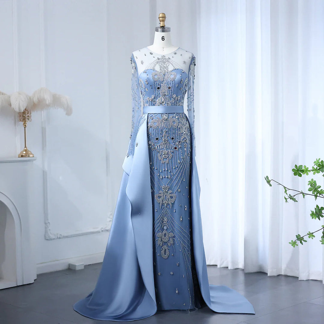 Luxury Beaded Blue Long Sleeves Evening Dresses with Overskirt SS324 DreamyVow