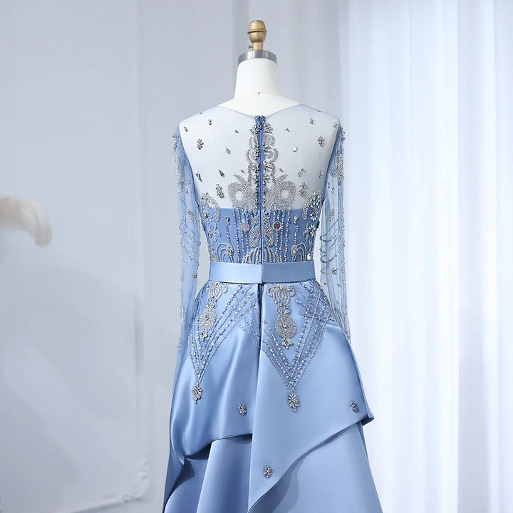 Dreamy Vow Luxury Beaded Blue Long Sleeves Arabic Evening Dresses with Overskirt Elegant Dubai Women Wedding Party Gown SS324-DreamyVow