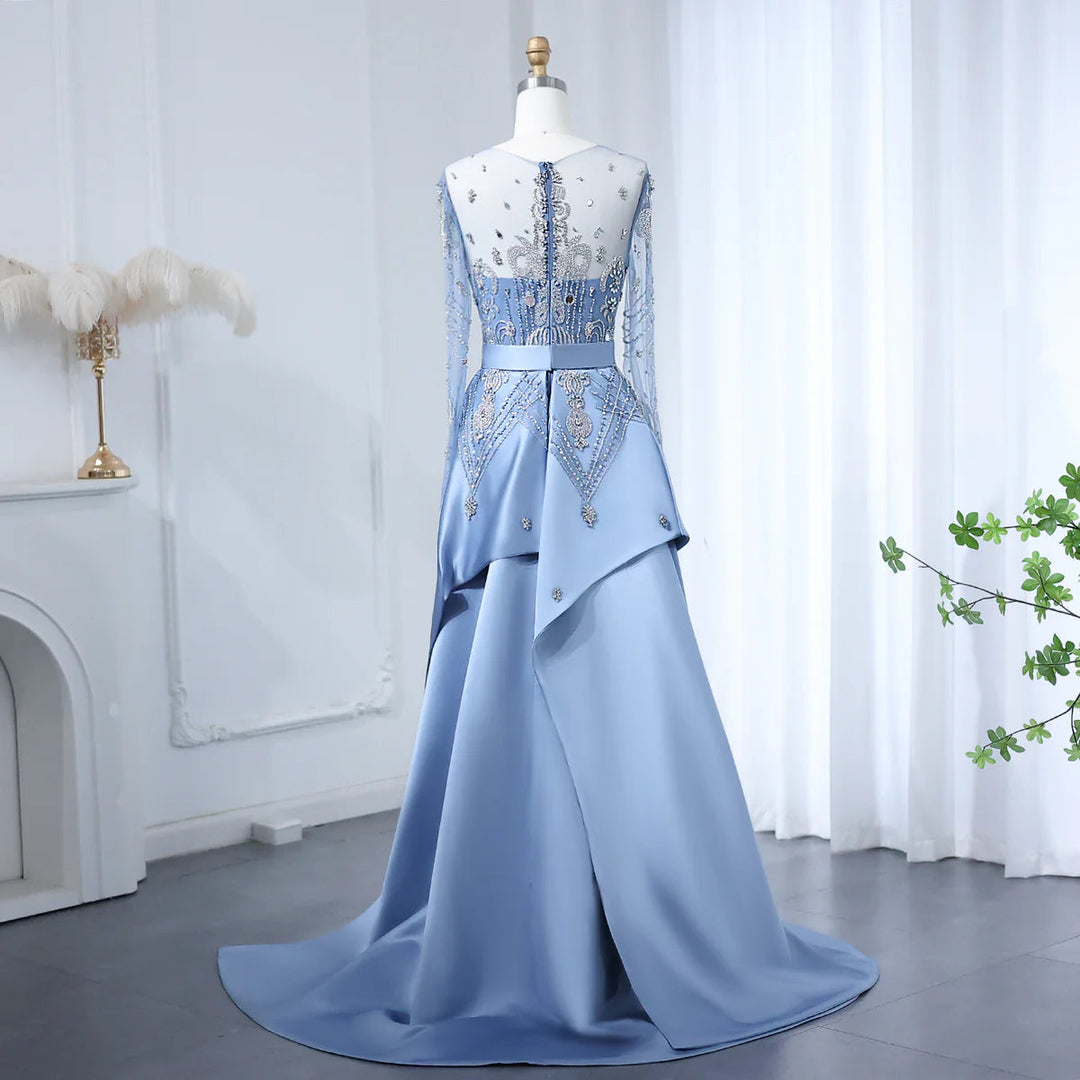 Luxury Beaded Blue Long Sleeves Evening Dresses with Overskirt SS324 DreamyVow