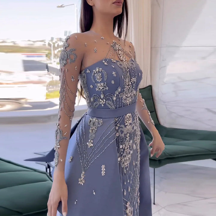 Dreamy Vow Luxury Beaded Blue Long Sleeves Arabic Evening Dresses with Overskirt Elegant Dubai Women Wedding Party Gown SS324-DreamyVow