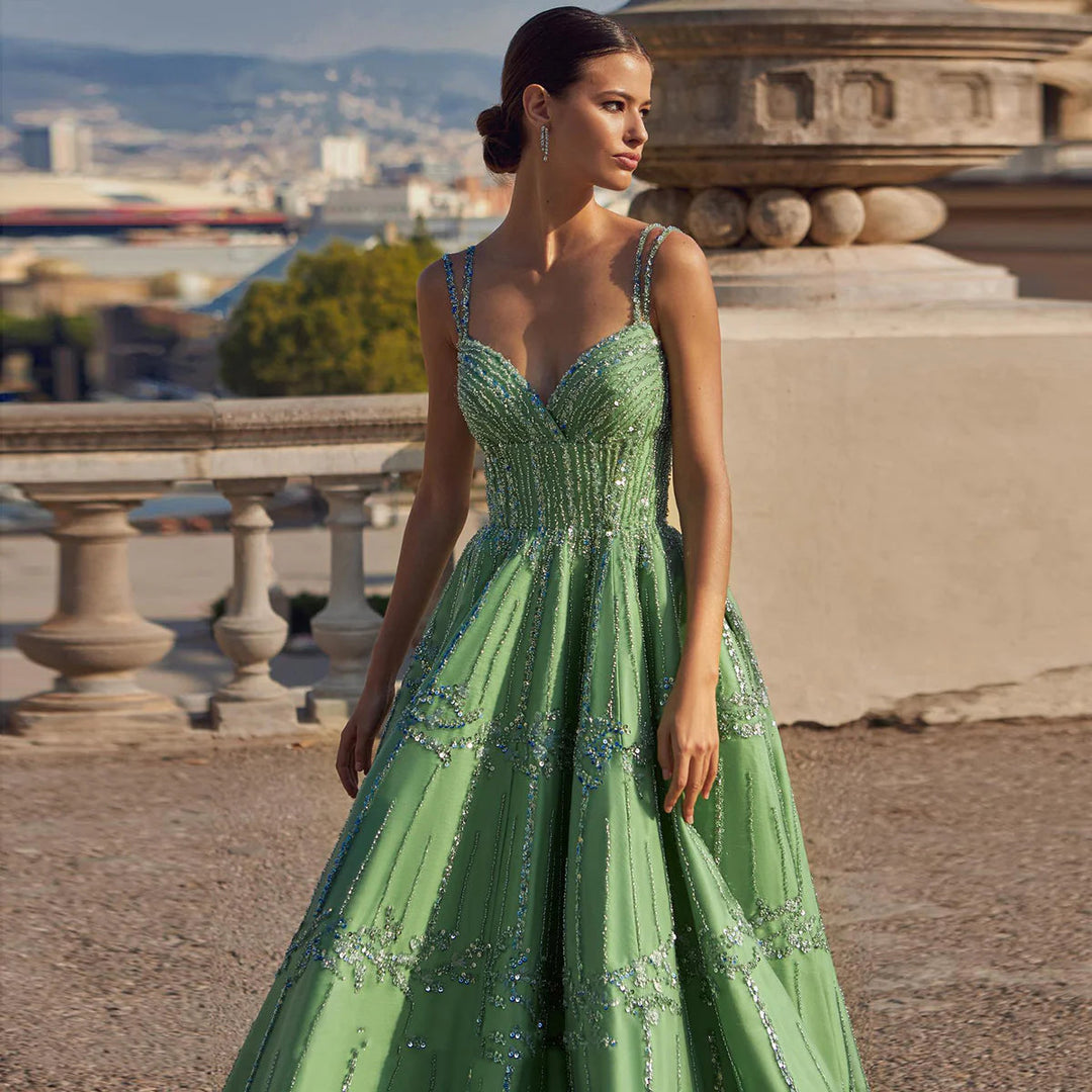 Dreamy Vow Luxury Beaded Dubai Green Evening Dresses with Spaghetti Straps Arabic Women Wedding Party Gowns SS225-DreamyVow