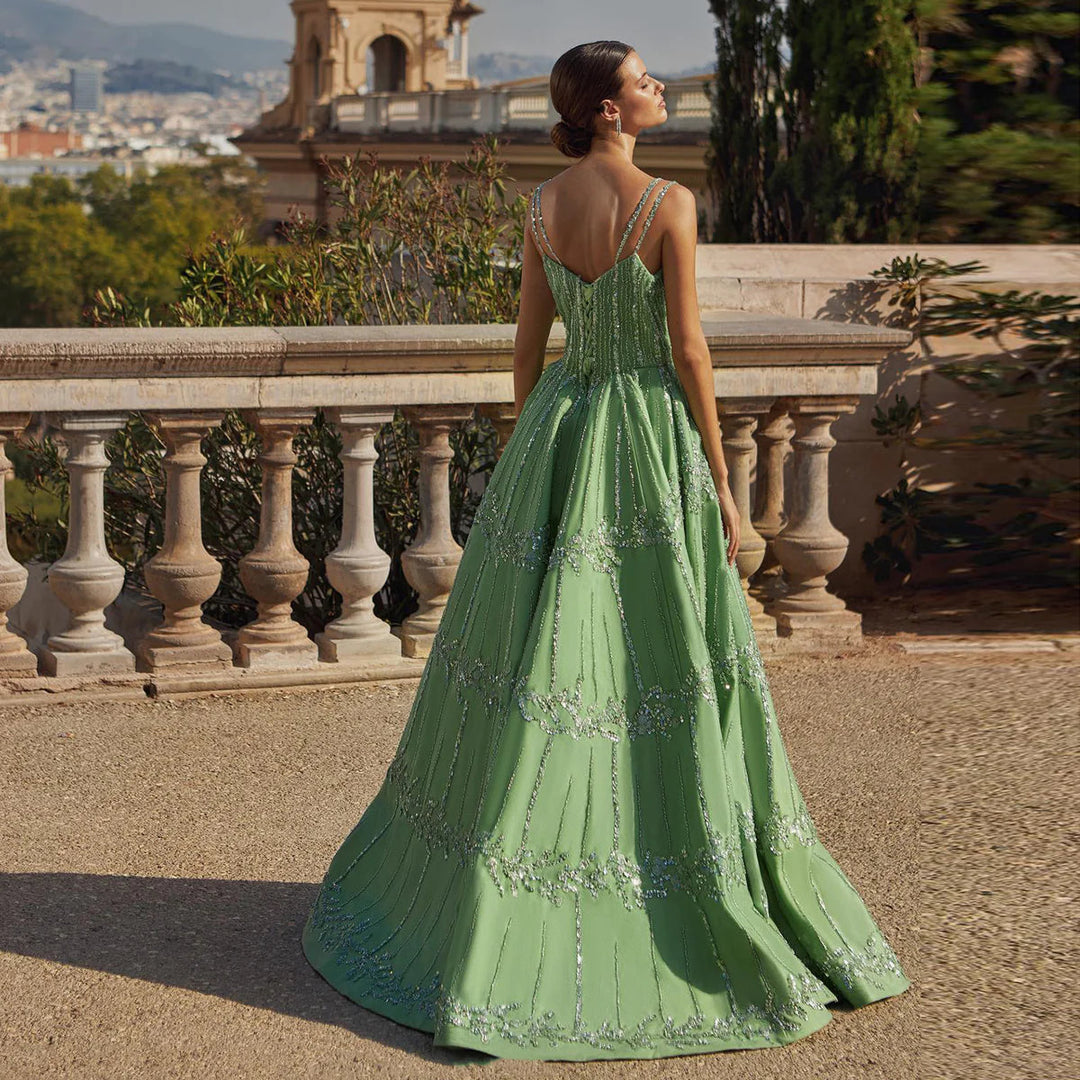 Luxury Beaded Dubai Green Evening Dresses with Spaghetti Straps SS225 DreamyVow