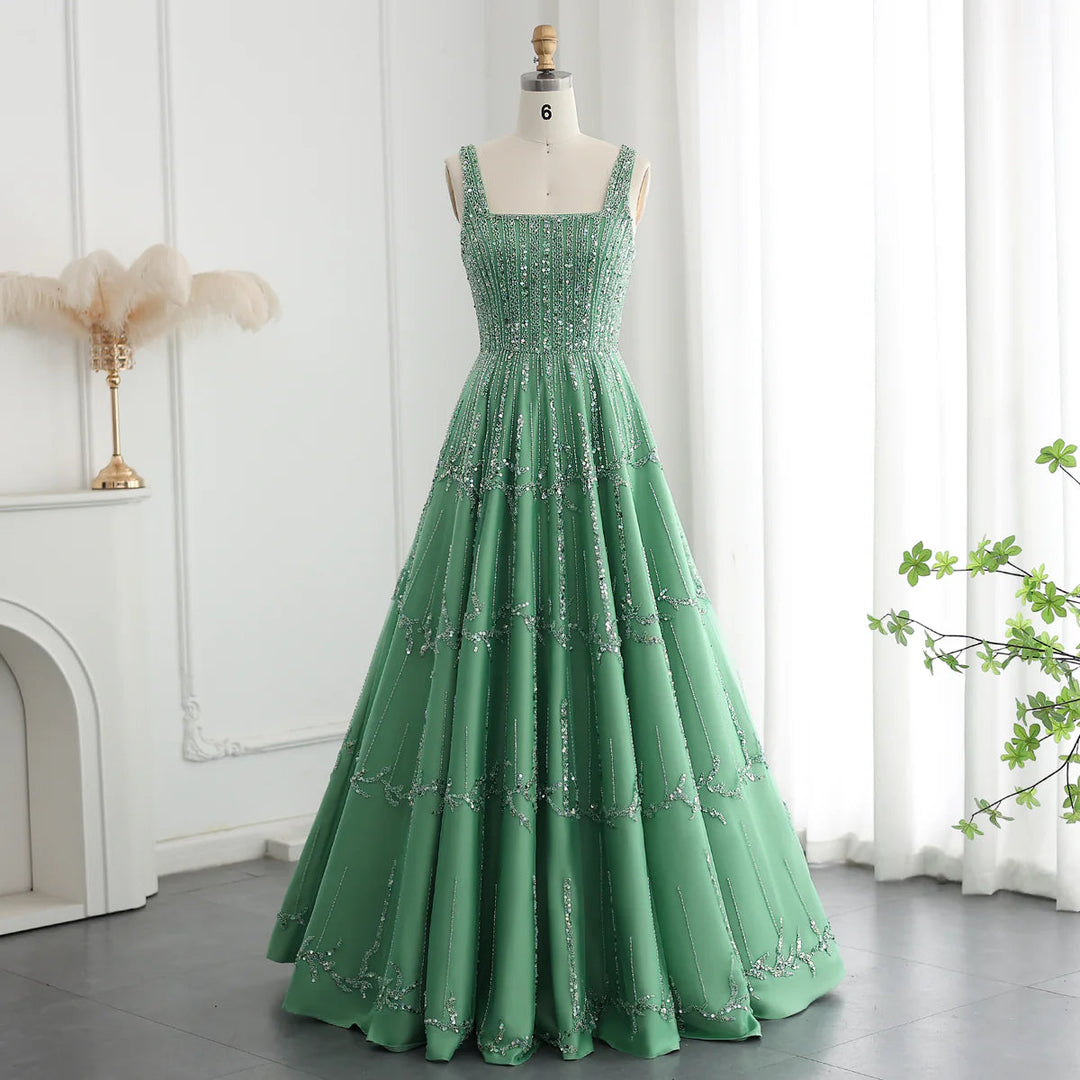 Dreamy Vow Luxury Beaded Dubai Green Evening Dresses with Spaghetti Straps Arabic Women Wedding Party Gowns SS225-DreamyVow