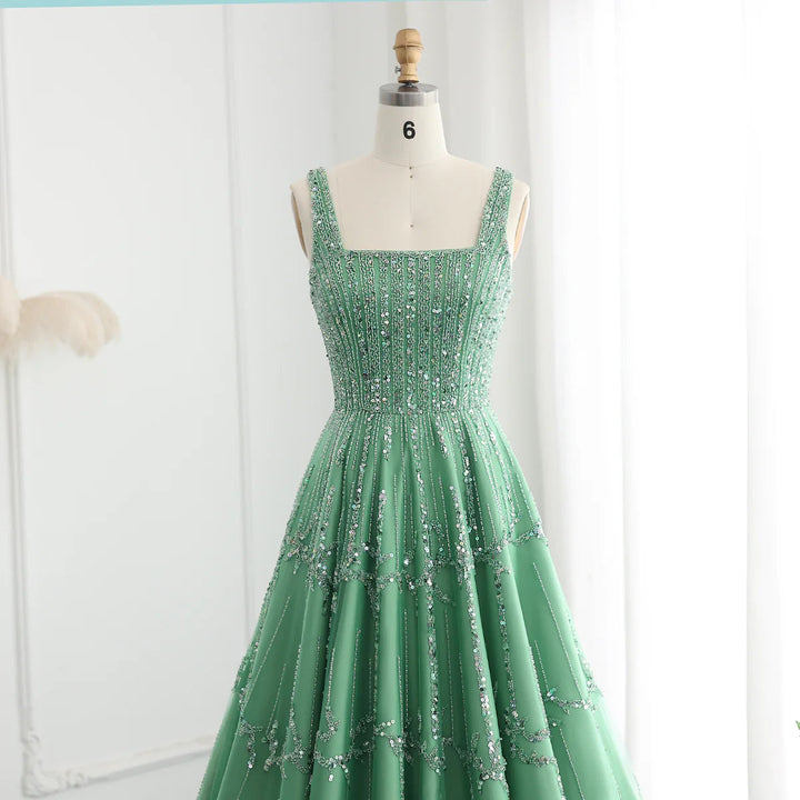 Dreamy Vow Luxury Beaded Dubai Green Evening Dresses with Spaghetti Straps Arabic Women Wedding Party Gowns SS225-DreamyVow