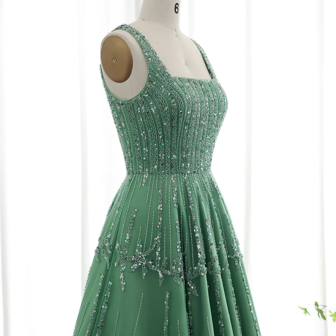 Dreamy Vow Luxury Beaded Dubai Green Evening Dresses with Spaghetti Straps Arabic Women Wedding Party Gowns SS225-DreamyVow