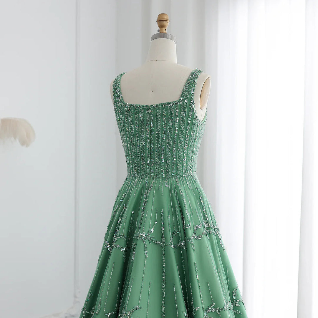 Dreamy Vow Luxury Beaded Dubai Green Evening Dresses with Spaghetti Straps Arabic Women Wedding Party Gowns SS225-DreamyVow