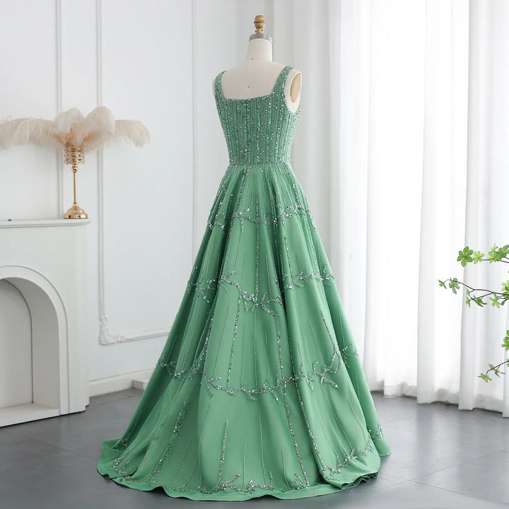 Dreamy Vow Luxury Beaded Dubai Green Evening Dresses with Spaghetti Straps Arabic Women Wedding Party Gowns SS225-DreamyVow