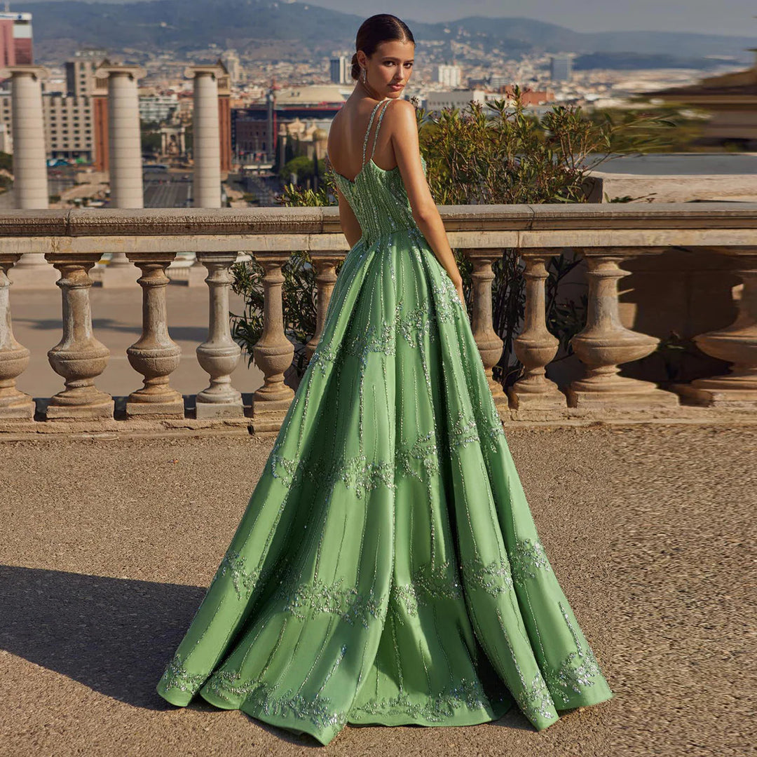 Dreamy Vow Luxury Beaded Dubai Green Evening Dresses with Spaghetti St DreamyVow