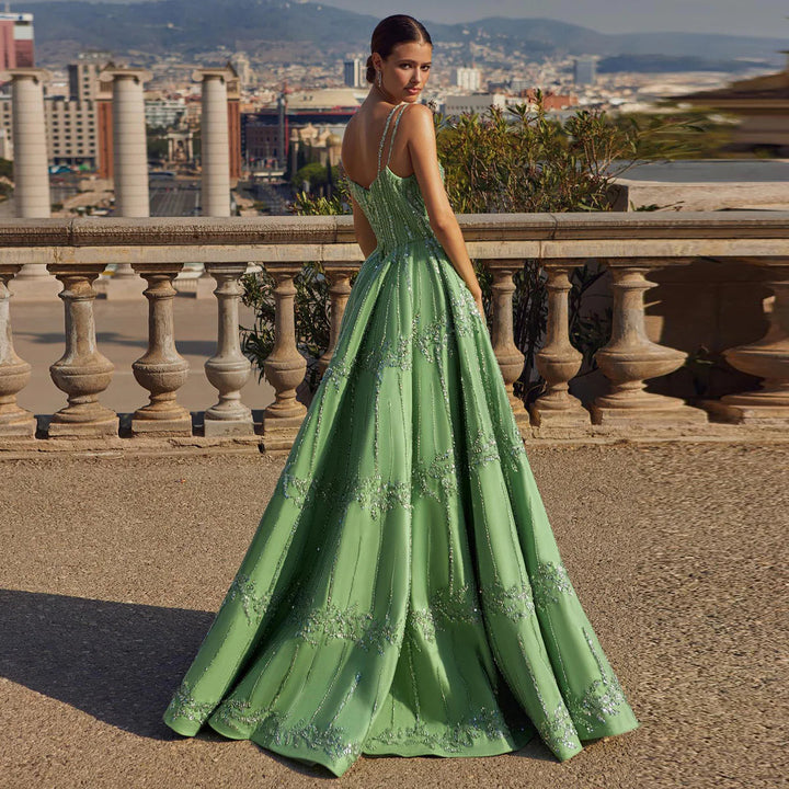 Dreamy Vow Luxury Beaded Dubai Green Evening Dresses with Spaghetti Straps Arabic Women Wedding Party Gowns SS225-DreamyVow