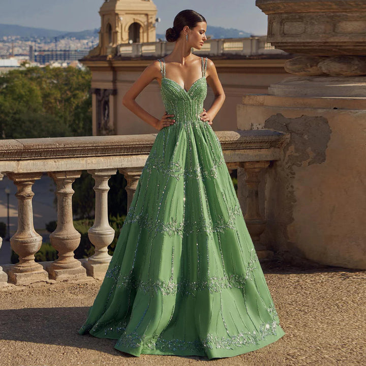 Dreamy Vow Luxury Beaded Dubai Green Evening Dresses with Spaghetti Straps Arabic Women Wedding Party Gowns SS225-DreamyVow