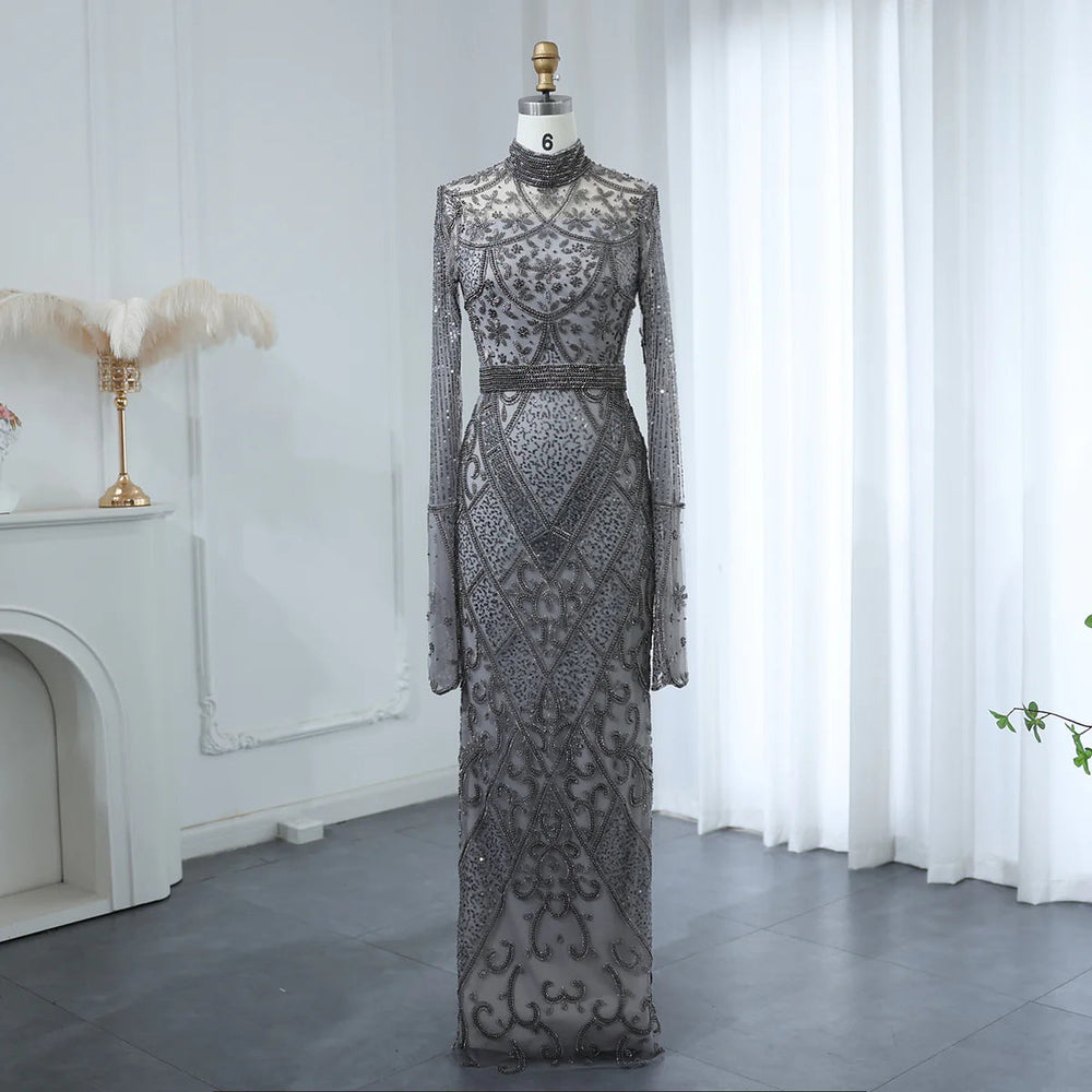 Dreamy Vow Luxury Beaded Gray Muslim Evening Dress with Flare Long Sleeves Arabic Women Wedding Party Gowns SS204-DreamyVow