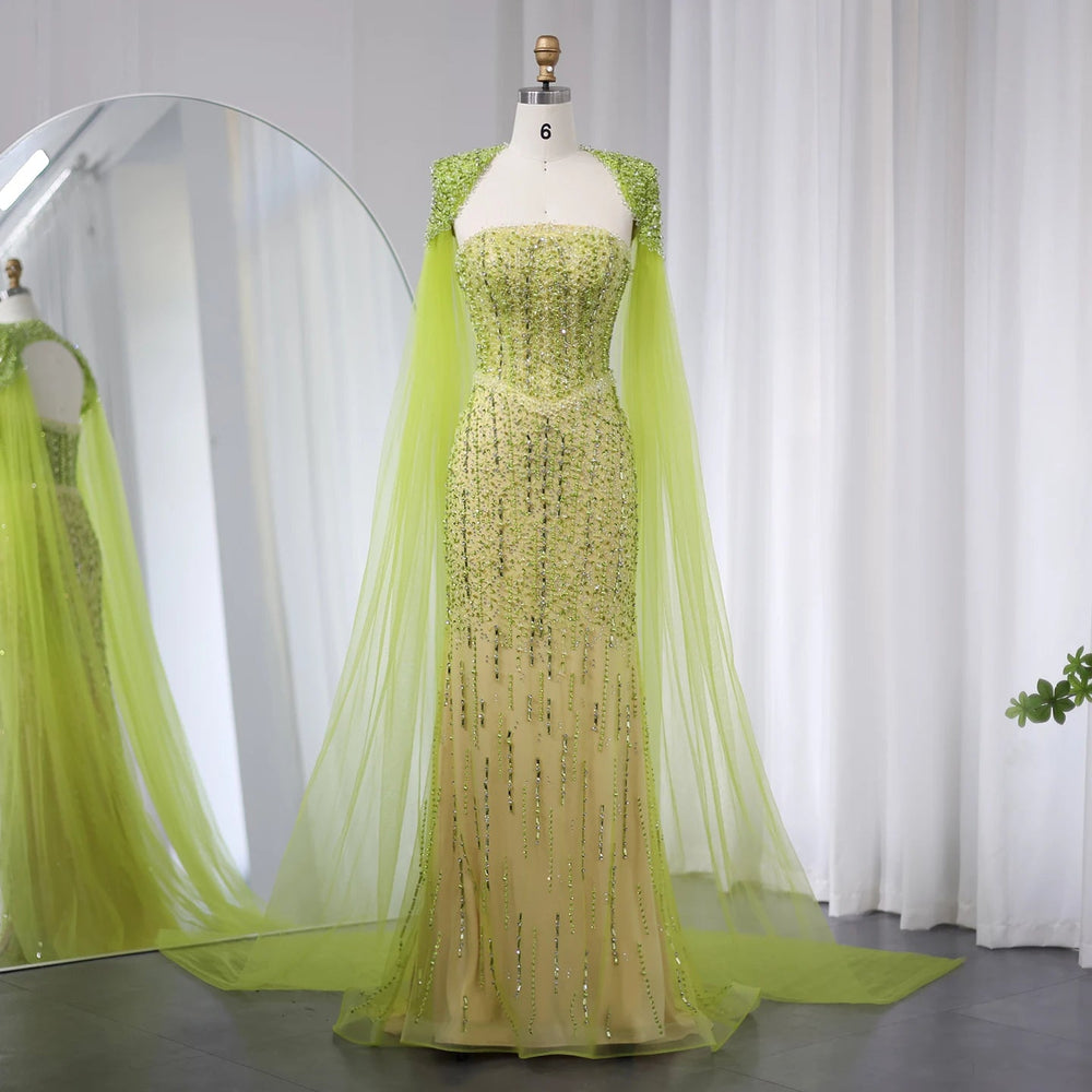 Dreamy Vow Luxury Beaded Mermaid Lime Green Evening Dress with Cape Sleeves Elegant Arabic Women Wedding Party Prom Dress SS443-DreamyVow