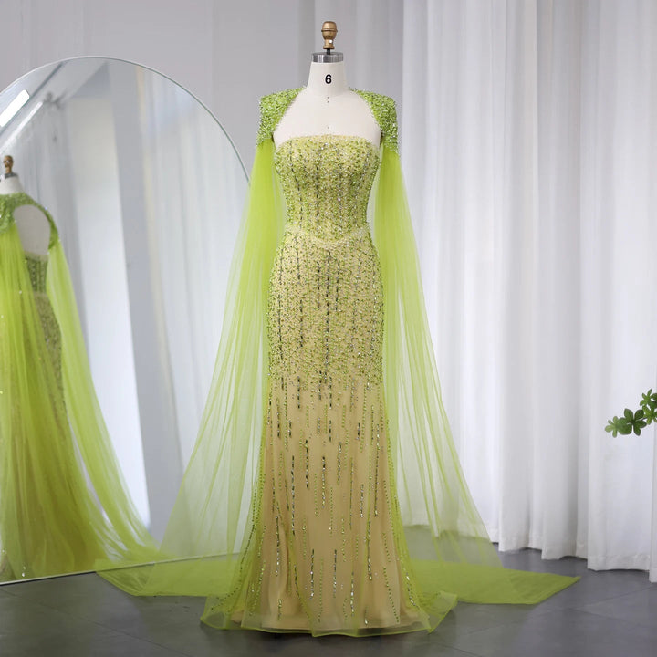 Dreamy Vow Luxury Beaded Mermaid Lime Green Evening Dress with Cape Sleeves Elegant Arabic Women Wedding Party Prom Dress SS443-DreamyVow