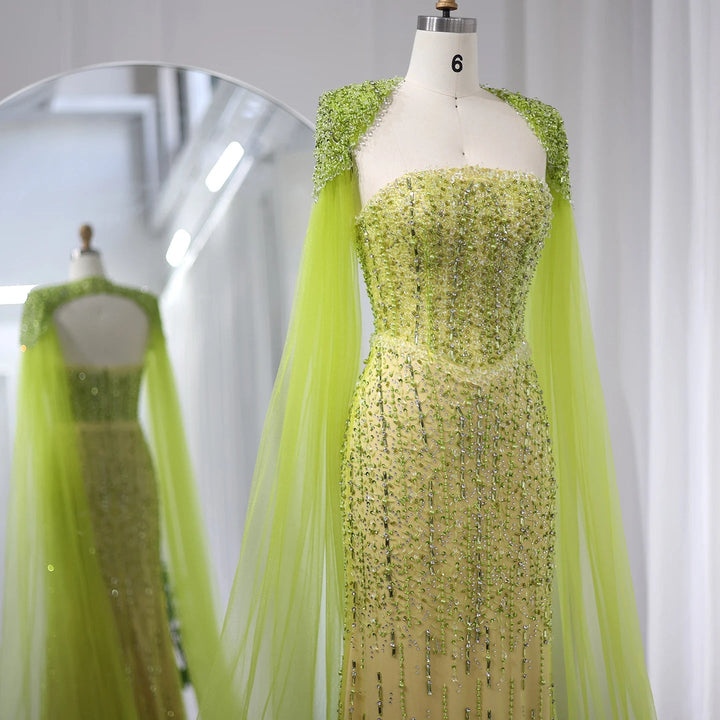 Dreamy Vow Luxury Beaded Mermaid Lime Green Evening Dress with Cape Sleeves Elegant Arabic Women Wedding Party Prom Dress SS443-DreamyVow