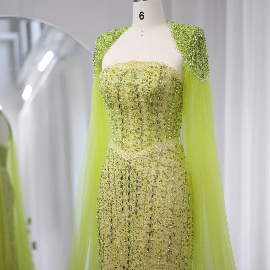 Dreamy Vow Luxury Beaded Mermaid Lime Green Evening Dress with Cape Sleeves Elegant Arabic Women Wedding Party Prom Dress SS443-DreamyVow