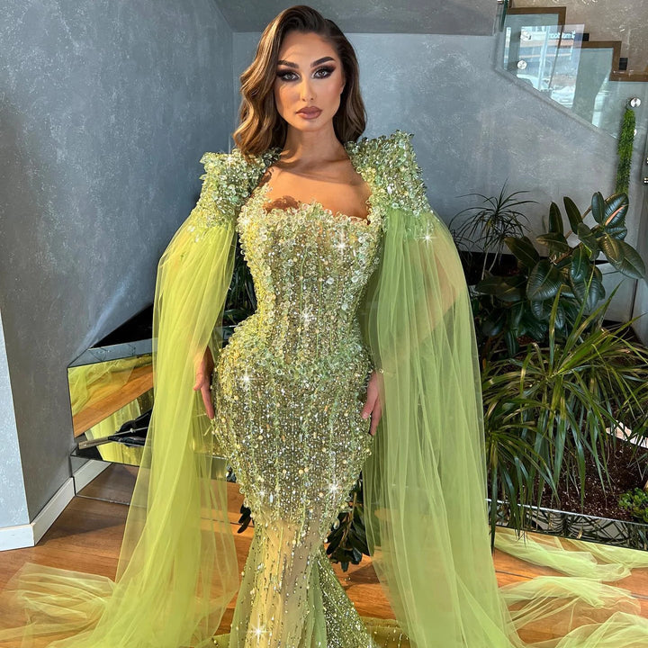 Dreamy Vow Luxury Beaded Mermaid Lime Green Evening Dress with Cape Sleeves Elegant Arabic Women Wedding Party Prom Dress SS443-DreamyVow