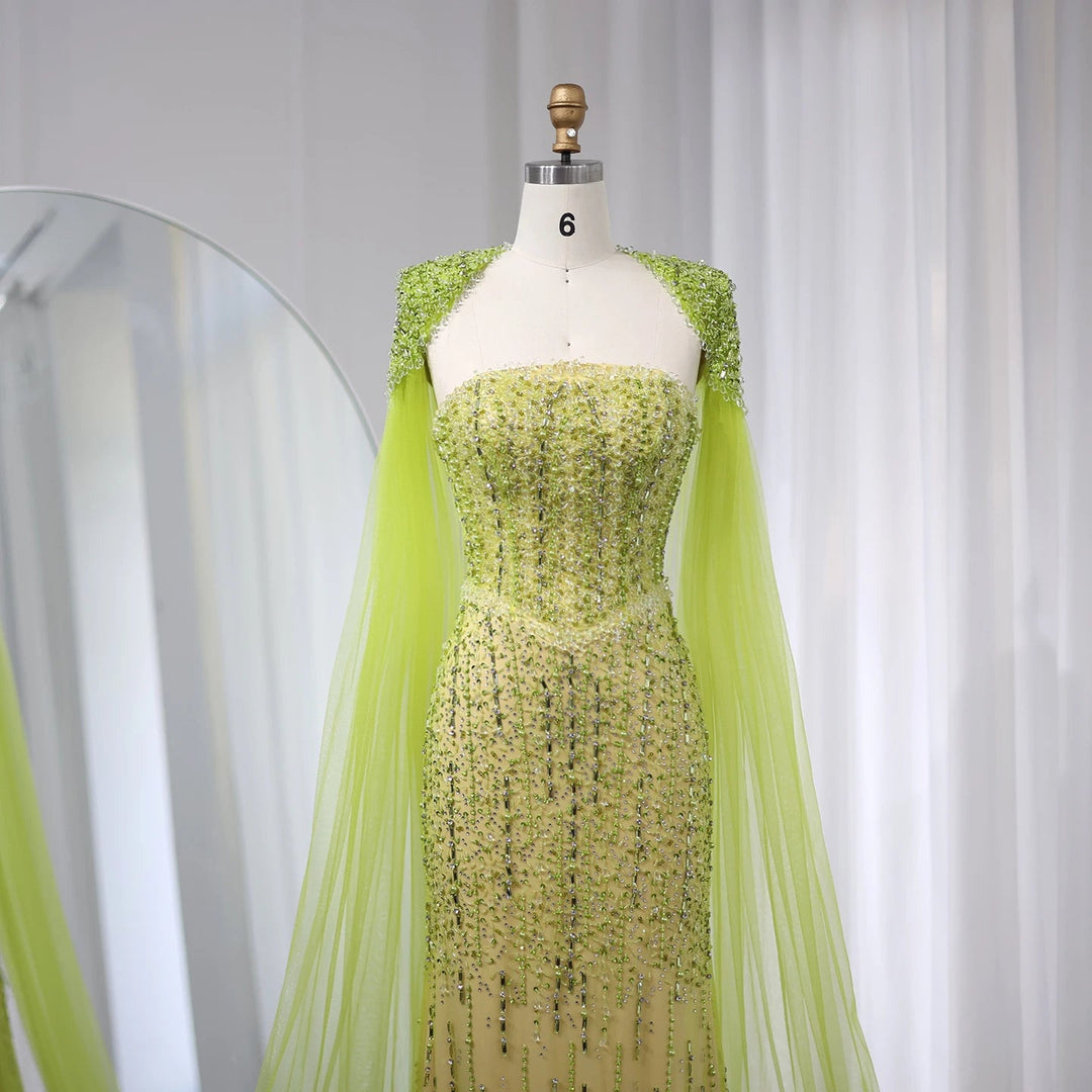 Dreamy Vow Luxury Beaded Mermaid Lime Green Evening Dress with Cape Sleeves Elegant Arabic Women Wedding Party Prom Dress SS443-DreamyVow