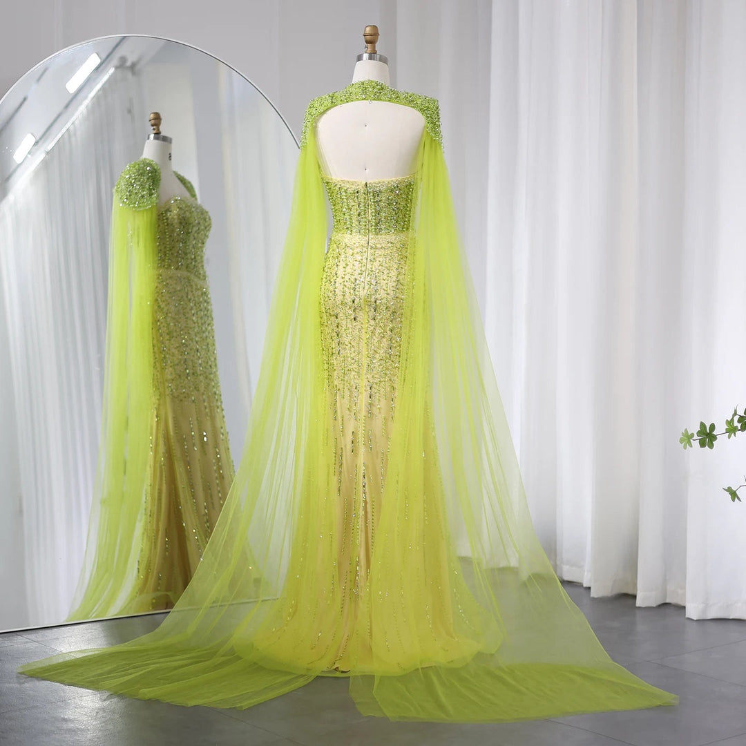 Dreamy Vow Luxury Beaded Mermaid Lime Green Evening Dress with Cape Sleeves Elegant Arabic Women Wedding Party Prom Dress SS443-DreamyVow