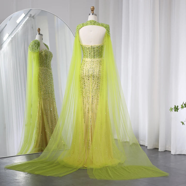 Dreamy Vow Luxury Beaded Mermaid Lime Green Evening Dress with Cape Sleeves Elegant Arabic Women Wedding Party Prom Dress SS443-DreamyVow