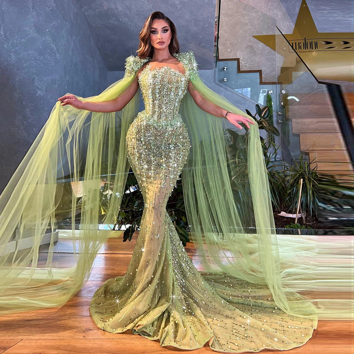 Dreamy Vow Luxury Beaded Mermaid Lime Green Evening Dress with Cape Sleeves Elegant Arabic Women Wedding Party Prom Dress SS443-DreamyVow