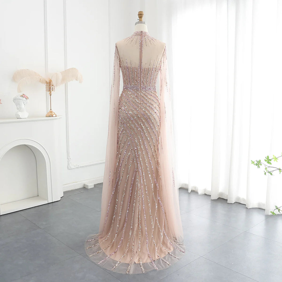 Dreamy Vow Luxury Beaded Mermaid Nude Pink Evening Dress with Cape Sleeve One Shoulder Side Slit Women Wedding Party Gown SS174-DreamyVow