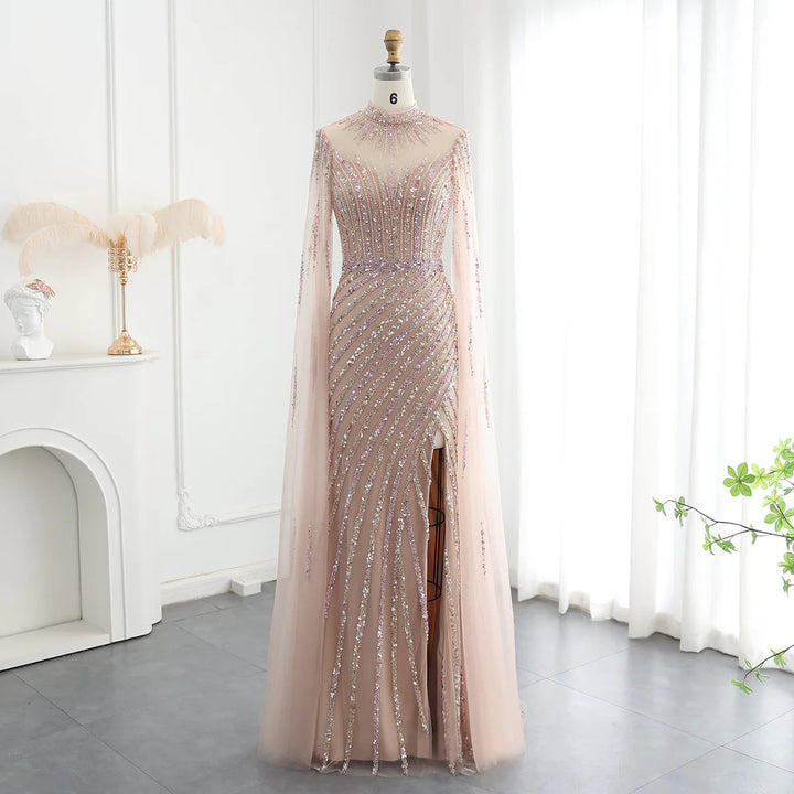 Dreamy Vow Luxury Beaded Mermaid Nude Pink Evening Dress with Cape Sleeve One Shoulder Side Slit Women Wedding Party Gown SS174-DreamyVow