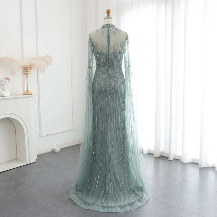 Dreamy Vow Luxury Beaded Mermaid Nude Sage Green Evening Dress with Cape Sleeve High Neck Side Slit Women Wedding Party Gowns SS170-DreamyVow