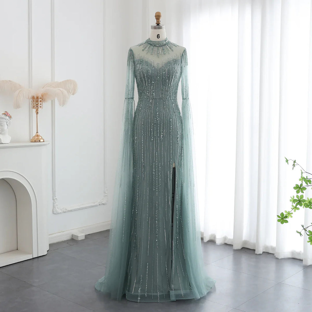 Dreamy Vow Luxury Beaded Mermaid Nude Sage Green Evening Dress with Cape Sleeve High Neck Side Slit Women Wedding Party Gowns SS170-DreamyVow