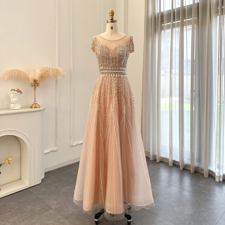 Dreamy Vow Luxury Beaded Pale Pink Long Evening Dresses for Women Wedding Elegant Gold Arabic Plus Size Formal Party Gown SS059-DreamyVow