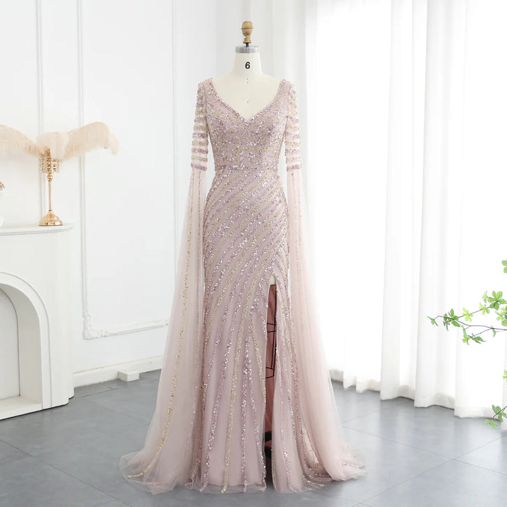 Dreamy Vow Luxury Beaded Pink Mermaid Evening Dresses with Cape Sleeves Side Slit Arabic Women Long Wedding Party Gowns SS434-DreamyVow