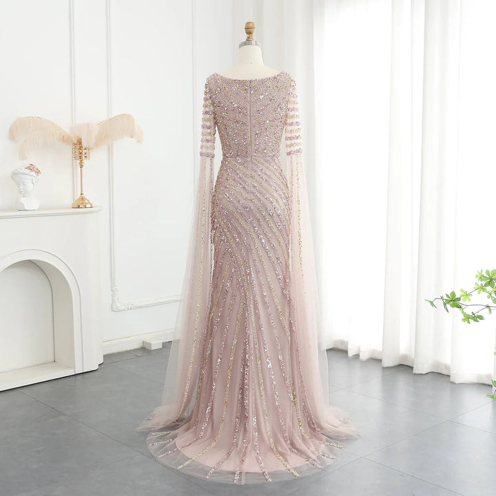 Dreamy Vow Luxury Beaded Pink Mermaid Evening Dresses with Cape Sleeves Side Slit Arabic Women Long Wedding Party Gowns SS434-DreamyVow