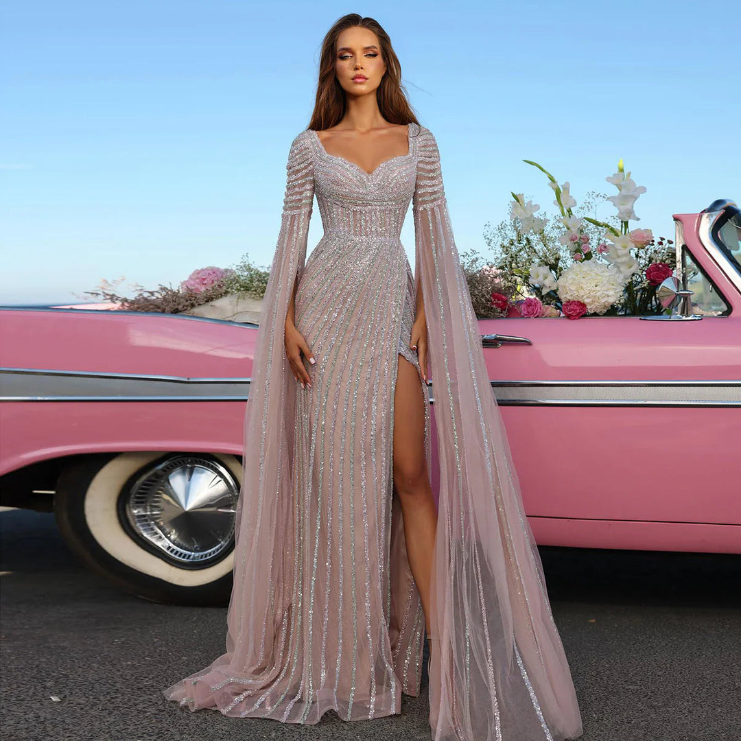 Dreamy Vow Luxury Beaded Pink Mermaid Evening Dresses with Cape Sleeve DreamyVow