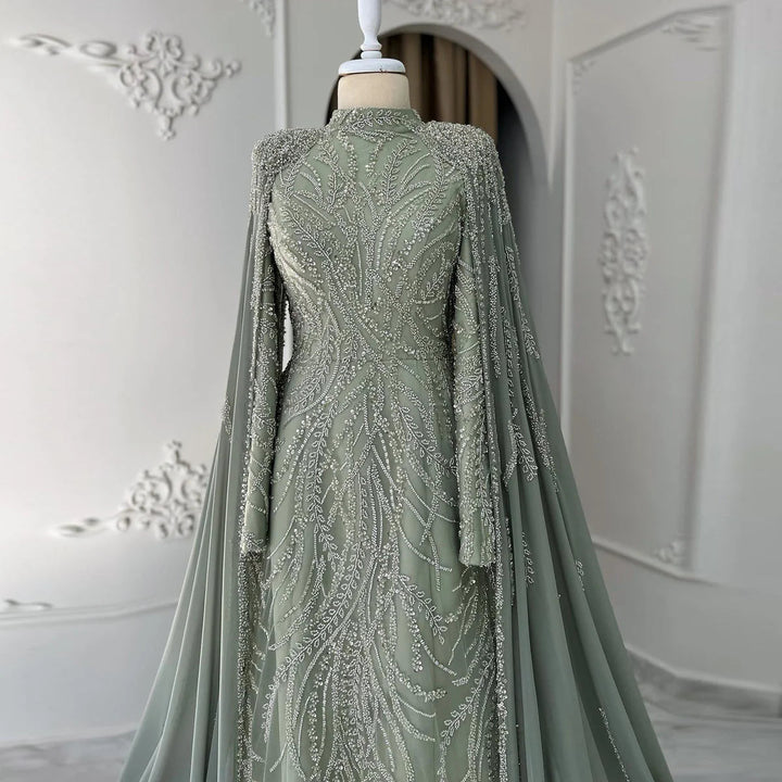 Dreamy Vow Luxury Beaded Sage Green Muslim Evening Dress with Cape Long Sleeves Arabic Dubai Women Wedding Party Gowsn SS387-DreamyVow