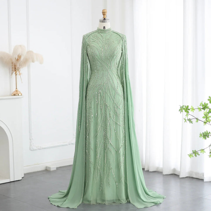 Dreamy Vow Luxury Beaded Sage Green Muslim Evening Dress with Cape Long Sleeves Arabic Dubai Women Wedding Party Gowsn SS387-DreamyVow