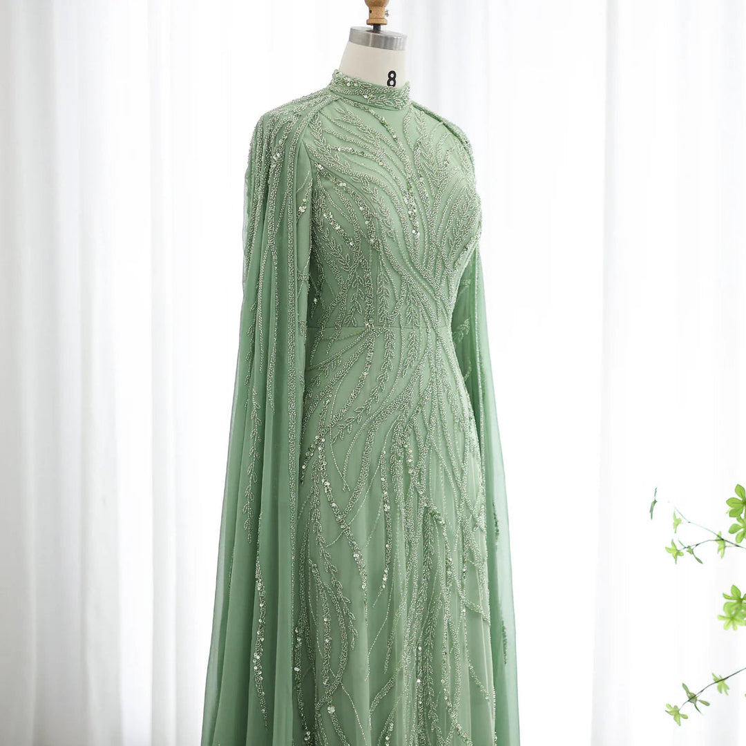 Dreamy Vow Luxury Beaded Sage Green Muslim Evening Dress with Cape Long Sleeves Arabic Dubai Women Wedding Party Gowsn SS387-DreamyVow