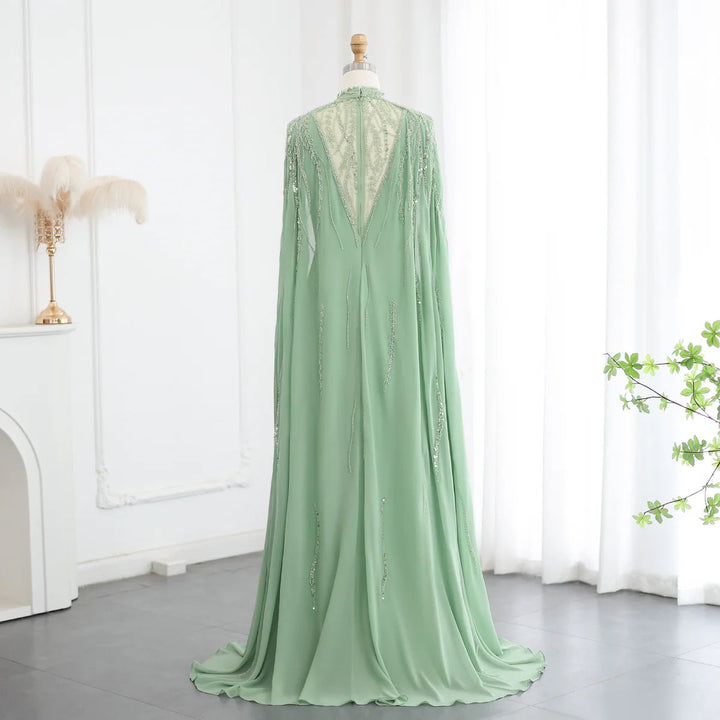 Dreamy Vow Luxury Beaded Sage Green Muslim Evening Dress with Cape Long Sleeves Arabic Dubai Women Wedding Party Gowsn SS387-DreamyVow