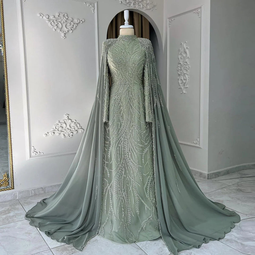 Dreamy Vow Luxury Beaded Sage Green Muslim Evening Dress with Cape Long Sleeves Arabic Dubai Women Wedding Party Gowsn SS387-DreamyVow