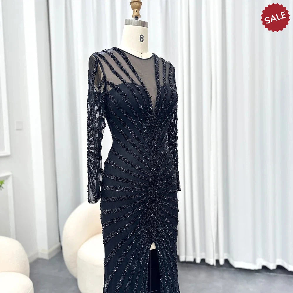 Dreamy Vow Luxury Black Mermaid Long Sleeve Arabic Evening Dress for Women Party Formal Dresses Front Split Dubai Graduation Prom Dress SS113-DreamyVow