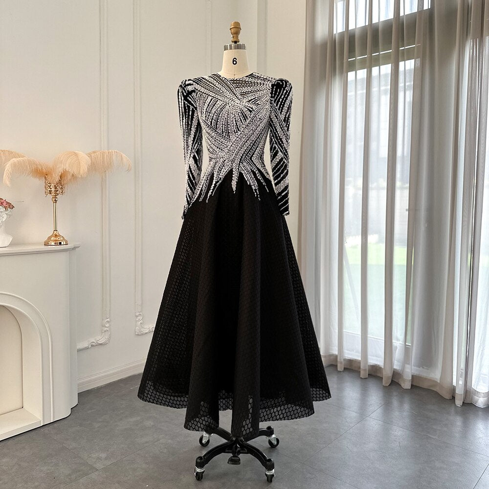 Dreamy Vow Luxury Black Short Muslim Evening Dress Long Sleeve 2023 Elegant A-Line Arabic Women Party Prom Formal Dresses SS212-DreamyVow