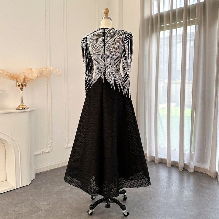 Dreamy Vow Luxury Black Short Muslim Evening Dress Long Sleeve 2023 Elegant A-Line Arabic Women Party Prom Formal Dresses SS212-DreamyVow