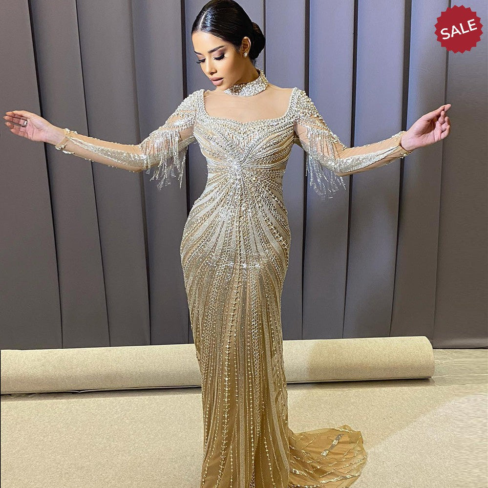 Dreamy Vow Luxury Champagne Mermaid Dubai Evening Dress with Detachable Overskirt Arabic Women Wedding Formal Party Gowns 265