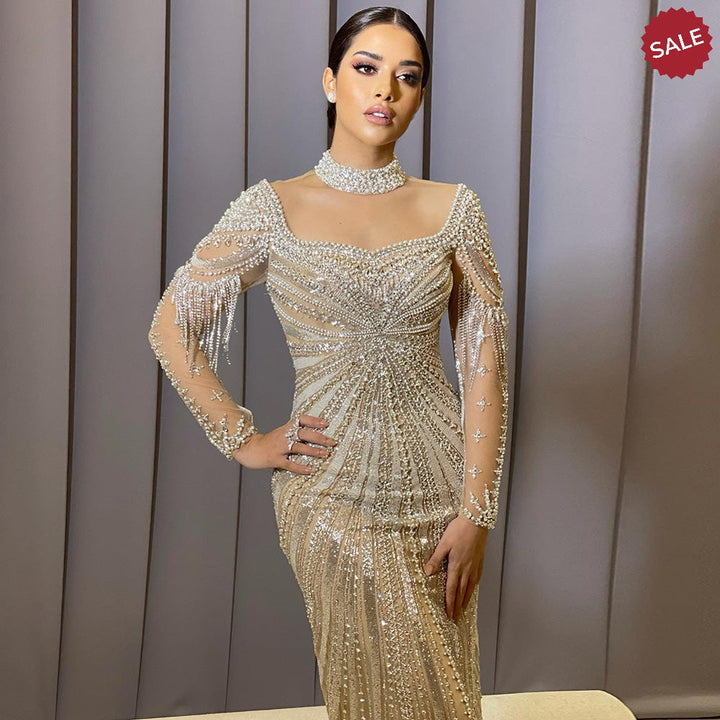 Dreamy Vow Luxury Champagne Mermaid Dubai Evening Dress with Detachable Overskirt Arabic Women Wedding Formal Party Gowns 265