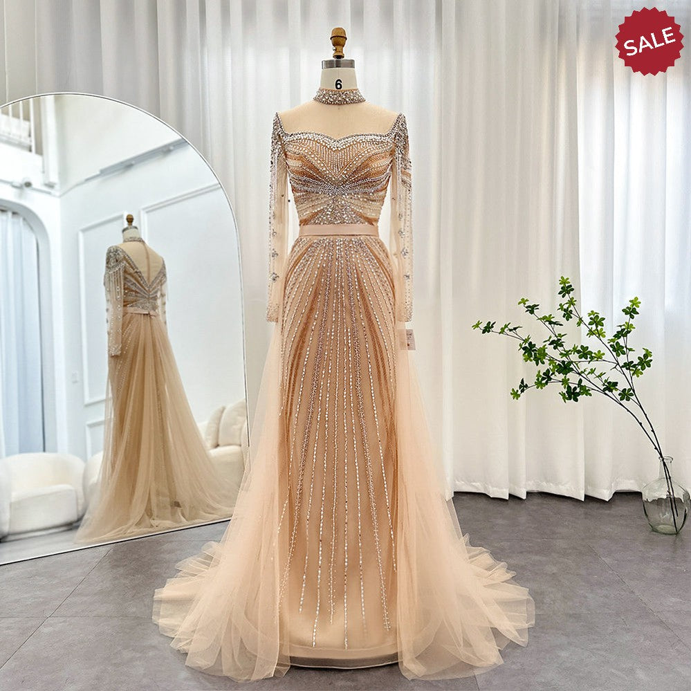 Dreamy Vow Luxury Champagne Mermaid Dubai Evening Dress with Detachable Overskirt Arabic Women Wedding Formal Party Gowns 265